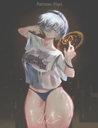 Rule 34 | 1girl, absurdres, black background, blue eyes, blue panties, bow, bow panties, breasts, collarbone, eyes visible through hair, hair over one eye, hairband, highres, large breasts, looking at viewer, nier, nier (series), nier:automata, open mouth, panties, print shirt, shirt, short hair, short sleeves, sleps, square enix, standing, thighs, underwear, white hair, white shirt, wide hips, 2b (nier:automata)