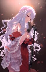 Rule 34 | 1girl, absurdres, black gloves, blush, breasts, covered navel, dress, falling petals, gloves, grey hair, highres, holding, holding microphone, idolmaster, idolmaster (classic), idolmaster million live!, lace-trimmed shawl, large breasts, long hair, microphone, microphone stand, midnamana, music, off-shoulder dress, off shoulder, petals, red dress, shijou takane, singing, smile, solo, very long hair