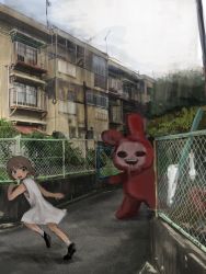 Rule 34 | 000v666, 1girl, apartment, balcony, brown eyes, brown hair, building, bush, cloud, cloudy sky, day, dress, fence, fleeing, highres, horror (theme), monster, open mouth, original, outdoors, rabbit, running, short twintails, sky, socks, tears, teeth, tree, twintails, white dress, white footwear, white sky