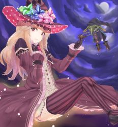 Rule 34 | 1girl, bad id, bad pixiv id, blonde hair, boots, character request, cloud, dress, fantasy earth zero, flower, full moon, gloves, goblin, hat, highres, melsy, moon, night, night sky, red eyes, sitting, sky, solo, striped clothes, striped thighhighs, thighhighs, vertical stripes
