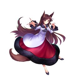 Rule 34 | 1girl, animal ears, black footwear, brown eyes, dress, fingernails, full body, game cg, highres, imaizumi kagerou, long fingernails, long sleeves, looking at viewer, red dress, red nails, rotte (1109), simple background, solo, tail, third-party source, touhou, two-tone dress, white background, white dress, wolf ears, wolf girl, wolf tail