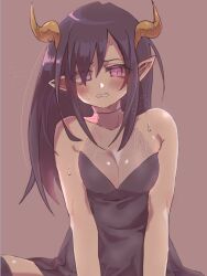 Rule 34 | 1girl, bare shoulders, black dress, blush, breasts, brown background, cleavage, detached collar, dress, hair over one eye, hashimoto (soukidann2010), highres, horns, long hair, looking at viewer, original, pointy ears, purple hair, simple background, sitting, small breasts, solo, teeth
