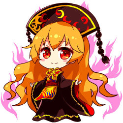 Rule 34 | 1girl, belt, black dress, black hat, blush, bow, bowtie, brown belt, chibi, chinese clothes, closed mouth, crescent, dress, energy, hair between eyes, hands up, hat, junko (touhou), long hair, long sleeves, looking at viewer, lowres, one-hour drawing challenge, orange hair, phoenix crown, pom pom (clothes), red belt, red eyes, red vest, renren (ah renren), simple background, smile, solo, standing, tabard, touhou, very long hair, vest, white background, wide sleeves, yellow bow, yellow bowtie
