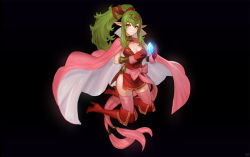 Rule 34 | 1girl, armlet, artnohearts, black background, boots, bow, breasts, cleavage, cloak, dragon girl, dress, fire emblem, fire emblem awakening, full body, gem, gloves, green eyes, green hair, hair ribbon, high heel boots, high heels, highres, jewelry, knee boots, long hair, looking at viewer, medium breasts, neck ring, nintendo, pink thighhighs, pointy ears, ponytail, red dress, red footwear, red gloves, ribbon, short dress, side slit, simple background, smile, solo, thighhighs, thighhighs under boots, tiara, tiki (adult) (fire emblem), tiki (fire emblem)