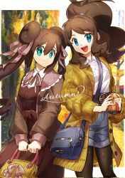 Rule 34 | 2girls, :d, alternate costume, antenna hair, bag, belt, blue eyes, bright pupils, brown hair, brown legwear, buttons, can, closed mouth, coat, collared shirt, commentary, creatures (company), double bun, eyelashes, game freak, green eyes, grey bag, grey shorts, hair between eyes, hair bun, hair ribbon, high ponytail, highres, hilda (pokemon), holding, holding can, kamota (momokomati), long hair, long sleeves, multiple girls, neck ribbon, nintendo, open clothes, open coat, open mouth, pantyhose, pokemon, pokemon bw, pokemon bw2, ribbon, rosa (pokemon), shirt, shorts, shoulder bag, sidelocks, smile, symbol-only commentary, teeth, tongue, twintails, upper teeth only, white pupils, white shirt, yellow coat