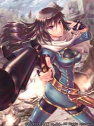 Rule 34 | 1girl, bad id, bad pixiv id, blush, breasts, brown hair, cleavage, fingerless gloves, gloves, gun, handgun, long hair, looking back, medium breasts, red eyes, ruins, shingo (picturepuzzle), skin tight, solo, thighhighs, weapon