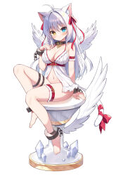 Rule 34 | 1girl, aina rive, angel wings, animal ear fluff, animal ears, ankle cuffs, antenna hair, babydoll, barefoot, blue eyes, blush, bow, breasts, cat ears, cat girl, cat tail, cleavage, column, frilled babydoll, hair bow, hair intakes, hand on own chest, heterochromia, large breasts, long bangs, long hair, looking at viewer, mauve, original, pillar, red bow, sitting, solo, tail, tail bow, tail ornament, thigh strap, thighs, very long hair, white hair, wings, wrist cuffs, yellow eyes
