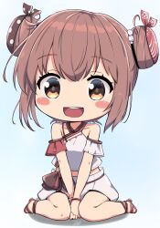Rule 34 | 1girl, blue background, blush stickers, brown eyes, brown hair, chibi, crop top, double bun, hair bun, highres, kantai collection, looking at viewer, ludens (inonaka koubou), official alternate costume, open mouth, round teeth, sandals, short hair, simple background, sitting, skirt, smile, solo, tan yang (kancolle), teeth, upper teeth only, wariza, white skirt, yukikaze (kancolle)