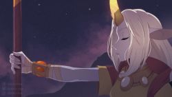 Rule 34 | 1girl, artist name, breasts, closed eyes, colored skin, commentary, grey hair, holding, holding staff, horns, league of legends, long hair, night, odeko yma, outdoors, pink skin, pointy ears, profile, short sleeves, single horn, sky, solo, soraka (league of legends), staff, star (sky), starry sky, watermark