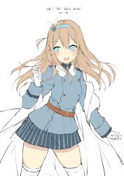 Rule 34 | absurdres, belt, blonde hair, blue eyes, blue skirt, blush, character name, copyright name, cowboy shot, girls&#039; frontline, gloves, hair between eyes, hair ornament, hairband, highres, legs apart, long hair, looking to the side, military, military uniform, one side up, open mouth, shi-chen, simple background, sketch, skirt, snowflake hair ornament, solo, standing, striped clothes, striped skirt, suomi (girls&#039; frontline), teeth, thighhighs, uniform, white background, white gloves, zettai ryouiki