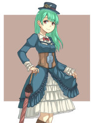Rule 34 | 1girl, blue dress, bow, bowtie, closed umbrella, corset, cowboy shot, dress, frilled dress, frilled sleeves, frills, green hair, hat, long hair, looking at viewer, original, peroncho, planted, planted umbrella, red bow, red eyes, skirt hold, smile, solo, top hat, umbrella, victorian