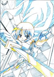 Rule 34 | 10s, 1girl, belt, blue eyes, blue hair, cape, clenched teeth, colored pencil (medium), dual wielding, gloves, holding, magical girl, mahou shoujo madoka magica, mahou shoujo madoka magica (anime), matching hair/eyes, mct-no04, miki sayaka, reverse grip, short hair, solo, sword, teeth, thighhighs, traditional media, weapon, zettai ryouiki