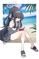 Rule 34 | 1girl, arikacoco, bags under eyes, beach, bikini, black bikini, black hair, blue archive, blue eyes, blue sky, blush, book, breasts, cardigan, full body, grey cardigan, hair between eyes, hairband, halo, highres, holding, holding book, jewelry, long hair, looking at viewer, necklace, off shoulder, open cardigan, open clothes, outdoors, parted lips, ponytail, purple hairband, sandals, sitting, sky, small breasts, solo, sweatdrop, swimsuit, ui (blue archive), ui (swimsuit) (blue archive), very long hair, water