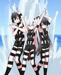 Rule 34 | 1boy, 2girls, ahoge, allial (coefont), arm strap, armpits, arms up, averuni (coefont), black collar, black eyes, black hair, black shorts, blue sky, blush, bondage outfit, breasts, clear sky, closed mouth, coefont, collar, crossed bangs, day, double v, feet out of frame, grey eyes, hair between eyes, hair ornament, hairclip, hands on own head, highres, horizon, hot limit, looking at viewer, looking to the side, millial (coefont), multicolored hair, multiple girls, ocean, open mouth, outdoors, outstretched arms, revealing clothes, sea spray, short hair, shorts, siblings, side-by-side, sidelocks, sisters, sky, small breasts, smile, t.m.revolution, teckinder, two-tone hair, underboob, v, white hair