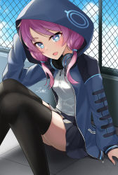 Rule 34 | 1girl, arknights, artist name, black skirt, black thighhighs, blue eyes, blue jacket, blue nails, blue poison (arknights), chain-link fence, dress shirt, fence, headphones, headphones around neck, highres, hood, hood up, hooded jacket, jacket, long sleeves, looking at viewer, low twintails, nail polish, open clothes, open jacket, open mouth, pink hair, pleated skirt, shirt, signature, sitting, skirt, smile, solo, square pupils, swept bangs, thighhighs, twintails, white shirt, z.m. (zimin)