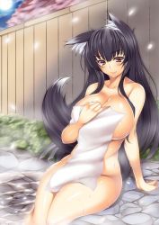 Rule 34 | 1girl, animal ears, black hair, breasts, brown eyes, cherry blossoms, cleavage, covering privates, fox ears, fox tail, highres, huge breasts, long hair, mole, mole under eye, naked towel, nude cover, onsen, original, smile, solo, steam, tail, thick thighs, thighs, towel, watanuki kaname