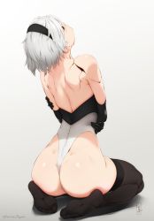 Rule 34 | 1girl, 2b (nier:automata), android, anus, anus peek, artist name, ass, back, bare shoulders, black gloves, black hairband, black thighhighs, closed eyes, curvy, dimples of venus, feet, feguimel, from behind, full body, gloves, hairband, highleg, highleg leotard, highres, kneeling, leotard, nier:automata, nier (series), no blindfold, no shoes, plantar flexion, shiny skin, short hair, silver hair, simple background, skindentation, soles, solo, thighhighs, thong leotard, toes, white leotard, wide hips