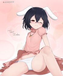 Rule 34 | 1girl, ;3, absurdres, animal ears, arm support, bare legs, black hair, breasts, carrot necklace, character name, closed mouth, crossed bangs, dress, feet out of frame, floppy ears, frills, hair between eyes, half-closed eye, heart, highres, inaba tewi, jewelry, light blush, looking at viewer, navel, necklace, one eye closed, petite, pink background, pink dress, puffy short sleeves, puffy sleeves, rabbit ears, red eyes, short hair, short sleeves, simple background, sitting, small breasts, smoedots, solo, spread legs, touhou