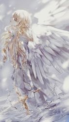 Rule 34 | 1girl, angel, angel wings, blonde hair, braid, closed eyes, drill hair, earrings, evl 1230, gloves, highres, holding, holding sword, holding weapon, jewelry, liquid, long hair, long sleeves, looking up, omniscient reader&#039;s viewpoint, parted lips, solo, sword, uriel (omniscient reader&#039;s viewpoint), water, weapon, white gloves, white wings, wings