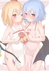 Rule 34 | 2girls, ;3, alternate costume, apron, bare arms, bare shoulders, bat wings, black wings, blonde hair, blue hair, blush, bow, box, closed mouth, collarbone, cowboy shot, crystal, flandre scarlet, food, frown, gift, gift box, hair ornament, heart-shaped box, highres, holding, holding gift, looking at viewer, multiple girls, naked apron, nose blush, one eye closed, parted lips, pink apron, pocky, pocky kiss, pointy ears, red eyes, remilia scarlet, sakurea, shared food, short hair, siblings, side ponytail, sisters, standing, tearing up, tears, thighs, touhou, v, white apron, wings, yellow bow