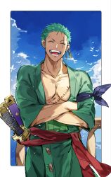 Rule 34 | 1boy, absurdres, border, closed eyes, coat, earrings, fence, green coat, green hair, haramaki, highres, jewelry, katana, male focus, multiple swords, multiple weapons, oboro keisuke, one piece, pectoral cleavage, pectorals, red sash, roronoa zoro, sash, scar, scar on chest, scar on face, short hair, single earring, sky, smile, solo, sword, weapon, wooden fence