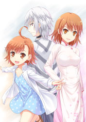 Rule 34 | 1boy, 2girls, accelerator (toaru majutsu no index), accelerator family, ahoge, back-to-back, bags under eyes, blue dress, blue skirt, blush, brown eyes, brown hair, dress, hand on own hip, hip focus, last order (toaru majutsu no index), misaka worst, multiple girls, open clothes, open mouth, open shirt, outstretched arms, pink dress, polka dot, polka dot dress, red eyes, see-through, shirt, siblings, side slit, silver hair, sisters, skirt, striped clothes, striped shirt, toaru majutsu no index, uehara yukihiko, vietnamese dress, white shirt