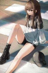 Rule 34 | 1girl, absurdres, baseball cap, black footwear, black hat, black hoodie, black shorts, boots, brown hair, choker, commentary request, expressionless, flippy (cripine111), foot out of frame, grey eyes, hat, highres, hololive, hood, hood down, hoodie, knee up, lace-trimmed socks, long hair, long sleeves, o-ring, o-ring choker, on ground, platform boots, platform footwear, shorts, solo, tokino sora, tokino sora (streetwear), two-tone hoodie, virtual youtuber, white hoodie