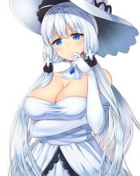 Rule 34 | 1girl, absurdres, ahoge, azur lane, bare shoulders, blue eyes, breast hold, breasts, cleavage, closed eyes, closed mouth, commentary request, dress, elbow gloves, finger to mouth, gloves, hair ornament, hat, highres, illustrious (azur lane), large breasts, long hair, low twintails, mole, mole under eye, rangen, simple background, smile, solo, strapless, strapless dress, sun hat, twintails, upper body, very long hair, white background, white dress, white gloves, white hair