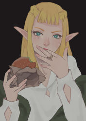 Rule 34 | 1girl, bad id, bad pixiv id, black background, blonde hair, blue eyes, blunt bangs, braid, burger, clothing cutout, dungeon meshi, elf, eyelashes, finger sucking, fingernails, food, food wrapper, hands up, holding, holding food, jewelry, long hair, long sleeves, looking at viewer, pattadol, pointy ears, red lips, ring, shirt, simple background, solo, sunakienn, twin braids, upper body, white shirt
