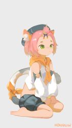 Rule 34 | absurdres, animal ears, bare shoulders, barefoot, blue hat, cat ears, cat girl, cat tail, diona (genshin impact), feet, genshin impact, green eyes, hat, highres, kneeling, neko blow, pink hair, ribbon, simple background, tail, tail ornament, tail ribbon, white background