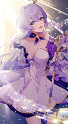 Rule 34 | 1girl, absurdres, aqua eyes, bare shoulders, bracelet, breasts, cleavage, detached sleeves, dress, earrings, gloves, hair between eyes, halo, head wings, highres, holding, holding staff, honkai: star rail, honkai (series), jewelry, long hair, looking at viewer, musical note, open mouth, purple dress, purple hair, rapis0291, robin (honkai: star rail), short sleeves, smile, solo, staff, standing, two-tone dress, white dress, white gloves, white wings, wings