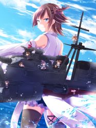 Rule 34 | 6+girls, bad id, bad pixiv id, bare shoulders, blue eyes, boots, brown hair, cannon, day, detached sleeves, fairy (kancolle), flipped hair, frilled skirt, frills, from behind, green skirt, hairband, hiei (kancolle), kantai collection, mini person, minigirl, multiple girls, nontraditional miko, ocean, outdoors, ribbon-trimmed sleeves, ribbon trim, rigging, sakura romu, short hair, skirt, sky, smokestack, thigh boots, thighhighs, turret