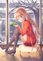Rule 34 | 1girl, artist name, blonde hair, blue eyes, book, boots, commentary, from side, full body, high heels, holding, holding book, indoors, la campanella, long hair, looking at viewer, open mouth, original, ponytail, sitting, snow, solo, thigh boots, thighhighs, tree, turtleneck, window, winter