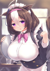 Rule 34 | 1girl, absurdres, alternate costume, animal ears, blurry, blurry background, blush, breasts, brown hair, commentary request, hair between eyes, highres, horse ears, horse girl, horse tail, kanzakietc, large breasts, maid, medium hair, meisho doto (umamusume), purple eyes, solo, tail, tray, umamusume