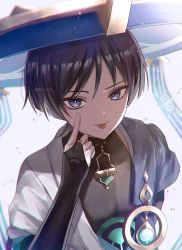 Rule 34 | 1boy, akanbe, bad id, bad twitter id, bishounen, black hair, commentary, detached sleeves, eyelid pull, genshin impact, hair between eyes, hat, highres, japanese clothes, jewelry, jingasa, looking at viewer, male focus, purple eyes, scaramouche (genshin impact), short hair, signature, simple background, smile, solo, symbol-only commentary, tongue, tongue out, wanderer (genshin impact), white background, woooi