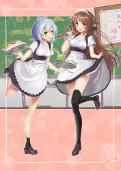 Rule 34 | 2girls, :d, apron, blue hair, brown hair, chalkboard, green eyes, haru to neru (act partner), indoors, long hair, maid, maid headdress, multiple girls, open mouth, signpost, smile, socks, standing, standing on one leg, thighhighs, tray