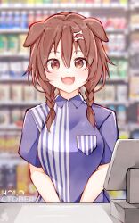 Rule 34 | 1girl, :3, :d, alternate costume, animal ears, blue shirt, bone hair ornament, braid, breast pocket, breasts, brown eyes, brown hair, cash register, cashier, collared shirt, dog ears, dog girl, dog tail, employee uniform, fang, hair between eyes, hair ornament, hairclip, highres, hololive, inugami korone, large breasts, long hair, looking at viewer, low twin braids, ma draws, open mouth, own hands together, pocket, shirt, smile, straight-on, striped clothes, striped shirt, tail, twin braids, uniform, upper body, virtual youtuber
