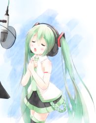 Rule 34 | 1girl, bad id, bad pixiv id, blush, closed eyes, green eyes, green hair, hands on own chest, hatsune miku, headphones, long hair, matching hair/eyes, microphone, mode (mode-n), music, necktie, open mouth, singing, skirt, solo, thighhighs, twintails, very long hair, vocaloid, lat model (mikumikudance)