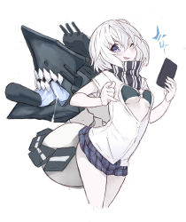 Rule 34 | &gt;:p, 10s, 1girl, :p, abyssal ship, alternate costume, blue eyes, blue skirt, blush, breasts, cellphone, colored skin, fig sign, goekawa, holding, holding phone, kantai collection, looking at viewer, medium breasts, o-ring, o-ring top, one eye closed, open clothes, open shirt, phone, plaid, plaid skirt, pleated skirt, purple eyes, re-class battleship, saliva, scarf, school uniform, shirt, short hair, simple background, skirt, small breasts, smartphone, smile, solo, tail, tongue, tongue out, unbuttoned, unbuttoned shirt, v-shaped eyebrows, white background, white hair, white skin