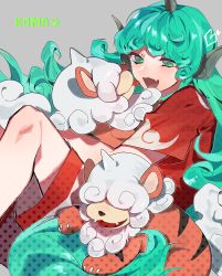 Rule 34 | 1girl, animal ears, commentary request, creatures (company), crossover, curly hair, fang, feet out of frame, fuuga (perv rsity), game freak, green eyes, green hair, grey background, heart, highres, hisuian growlithe, horns, kariyushi shirt, komano aunn, long hair, nintendo, open mouth, paw print, pokemon, pokemon (creature), red shirt, shirt, short sleeves, shorts, single horn, skin fang, smile, solo, touhou, trait connection, white shorts