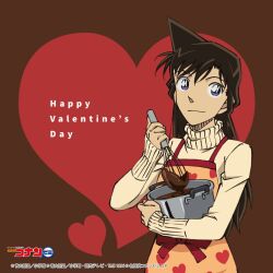 1girl apron artist_request black_hair blue_eyes chocolate cooking cooking_pot copyright_notice cowboy_shot happy_valentine heart highres holding holding_cooking_pot holding_whisk long_hair long_sleeves looking_at_viewer meitantei_conan mouri_ran official_art print_apron smile solo standing sweater whisk white_sweater