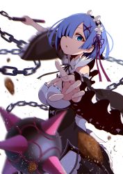Rule 34 | 1girl, apron, ball and chain (weapon), black ribbon, black skirt, black sleeves, blue eyes, blue hair, breasts, cleavage, detached collar, detached sleeves, flower, frilled sleeves, frills, hair flower, hair ornament, hair over one eye, hair ribbon, head wreath, highres, holding, holding weapon, long sleeves, looking at viewer, medium breasts, motion blur, neck ribbon, open mouth, purple ribbon, re:zero kara hajimeru isekai seikatsu, rem (re:zero), ribbon, roswaal mansion maid uniform, short hair, skirt, solo, spiked ball and chain, waist apron, weapon, white apron, white background, white flower, wide sleeves, x hair ornament, yasehattagi
