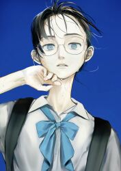 Rule 34 | 1girl, backpack, bag, black bag, black hair, blue background, blue bow, blue bowtie, blue eyes, bow, bowtie, glasses, hand on own chin, hgwr753, highres, looking at viewer, original, parted lips, rimless eyewear, shirt, simple background, solo, straight-on, sweatdrop, upper body, white shirt, wind