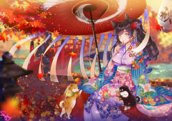 Rule 34 | 1girl, alternate costume, alternate hairstyle, animal ears, architecture, atago (azur lane), autumn leaves, azur lane, bench, black hair, blurry, breasts, bridge, commentary request, dango, depth of field, dog, dog ears, earrings, east asian architecture, extra ears, food, hair between eyes, hair ornament, holding, holding skewer, japanese clothes, jewelry, kimono, lantern, large breasts, long hair, long sleeves, looking at viewer, oil-paper umbrella, parted lips, ponytail, scenery, shiba inu, shizi suky, sidelocks, sitting, skewer, umbrella, wagashi, wide sleeves, wind, yellow eyes