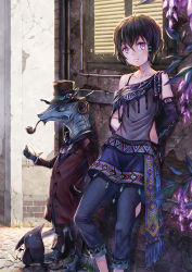Rule 34 | against wall, black hair, blue eyes, breasts, brick, clothing cutout, cobblestone, crack, curled horns, day, fantasy, flower, hand in pocket, hat, hat flower, highres, horns, industrial pipe, lizard, off shoulder, original, outdoors, pants, pocket watch, pointy ears, purple eyes, sho (sumika), short hair, side cutout, small breasts, smoking pipe, standing, top hat, watch, window