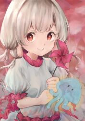 Rule 34 | 1girl, absurdres, animal, brown eyes, closed mouth, dress, ebisu eika, frilled sleeves, frills, grey dress, highres, holding, holding pinwheel, jellyfish, long earlobes, long hair, mouryou (chimimouryou), pinwheel, puffy short sleeves, puffy sleeves, short sleeves, smile, solo, touhou, white hair