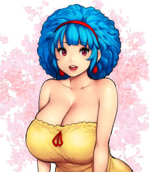 Rule 34 | 1girl, bare shoulders, blue hair, breasts, cleavage, dress, erkaz, flower, hairband, highres, huge breasts, medium hair, open mouth, original, pink flower, red eyes, red hairband, rina atherina, smile, solo, strapless, strapless dress, upper body, yellow dress