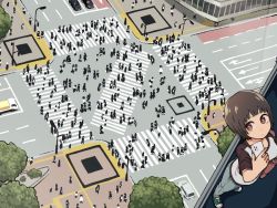 Rule 34 | 1girl, bob cut, brown hair, cellphone, cityscape, commentary, crosswalk, crowd, from above, intersection, original, phone, qr code, road, short hair, smartphone, street, yajirushi (chanoma)