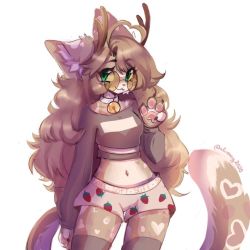 Rule 34 | 1girl, anakoluth, animal ears, bell, brown hair, brown sweater, cropped sweater, furry, furry female, green eyes, long hair, looking at viewer, navel, neck bell, original, round eyewear, solo, sunglasses, sweater, tail