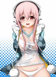 Rule 34 | 1girl, blush, breasts, collarbone, headphones, hitokakeratsu, hood, hoodie, large breasts, long hair, looking at viewer, nitroplus, no bra, no pants, open mouth, panties, pink eyes, pink hair, pom pom (clothes), see-through, smile, solo, super sonico, underwear, wet, wet clothes